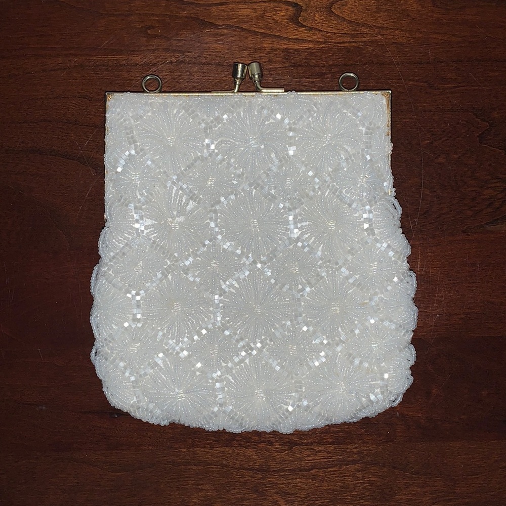 Vintage Handmade White Beaded Purse | Intricate Design | Silk Interior